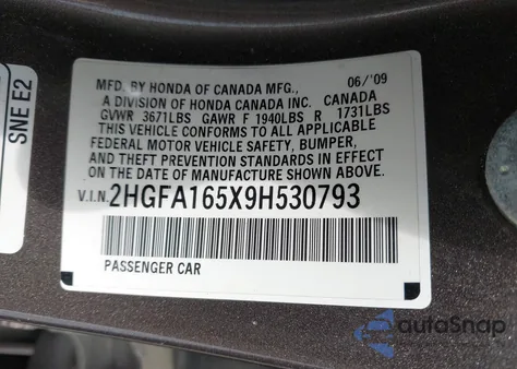 2009 Honda Civic Lx z USA, uszkodzony, nr VIN 2HGFA165X9H530793